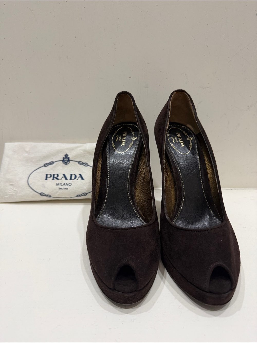 Authentic Prada Dark Brown Suede Peep-Toe Heels